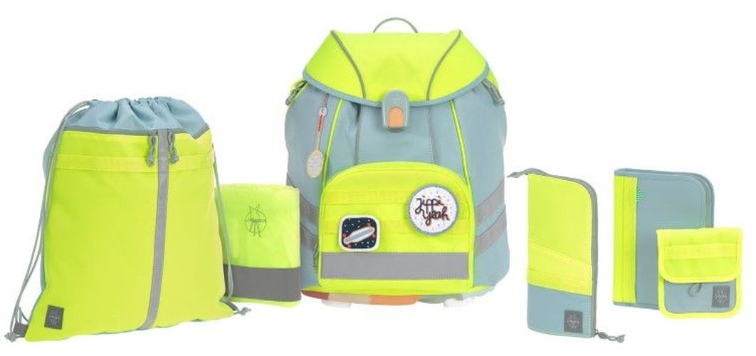 Ghiozdan școlar cu accesorii Lassig - Unique, Blue neon, 7 piese