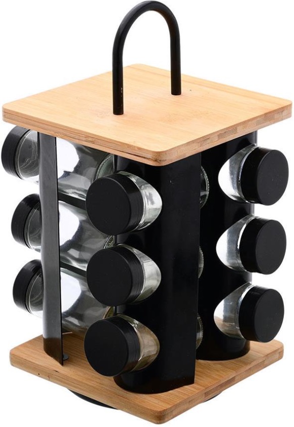 Organizator rotativ pentru condimente Estia - Bamboo Essentials, 12 piese, negru