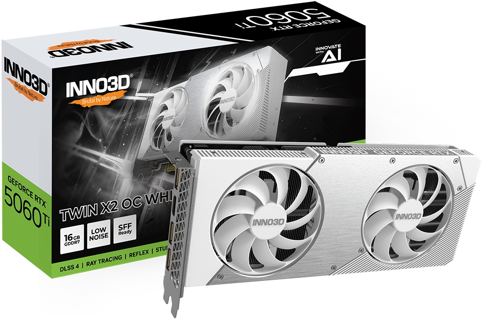 Placă video Inno3D – GeForce RTX 5060 Ti Twin X2 OC, 16GB, GDDR7, albă