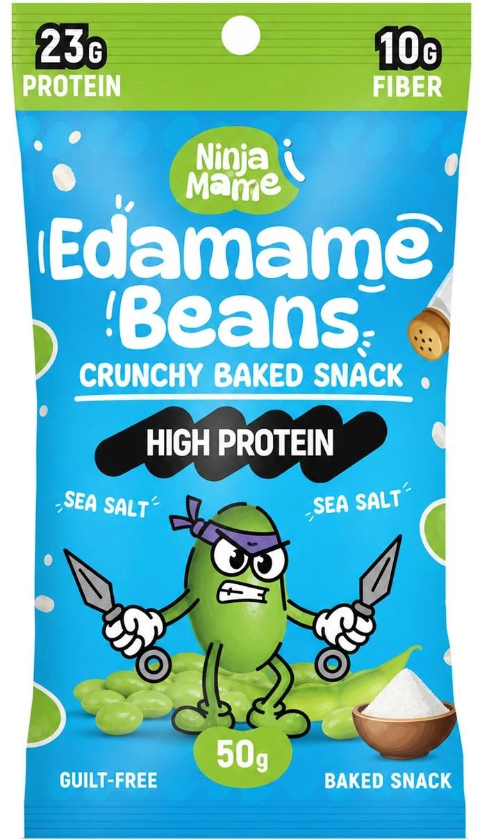 Snack bogat în proteine din edamame copt, sare de mare, 50 g, Ninja Mame