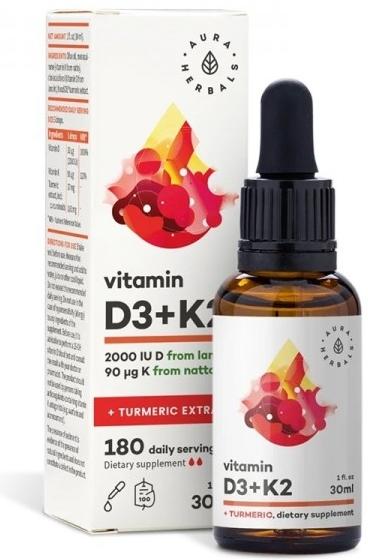 Vitamina D3 + K2 + Turmeric, picături, 30 ml, Aura Herbals