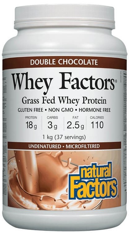 Whey Factors Grass Fed Whey Protein, ciocolată dublă, 1 kg, Natural Factors