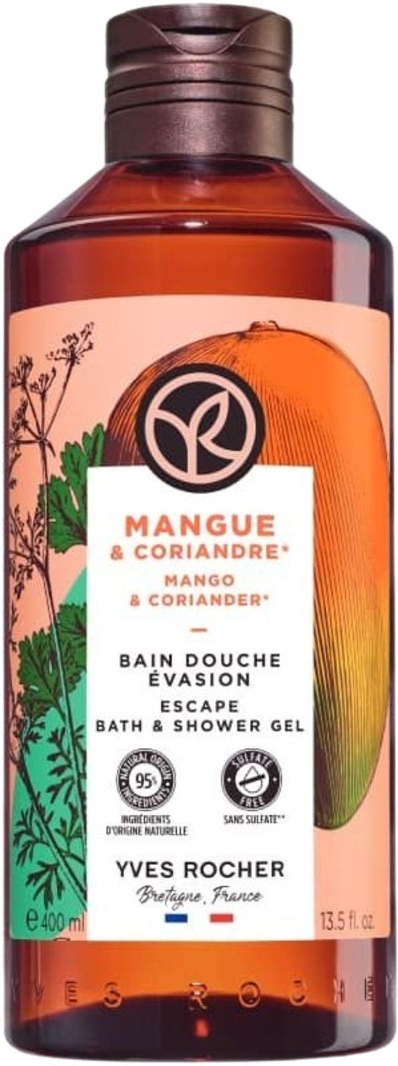 Yves Rocher Bain Nature Gel de duș  , mango și coriandru, 400 ml