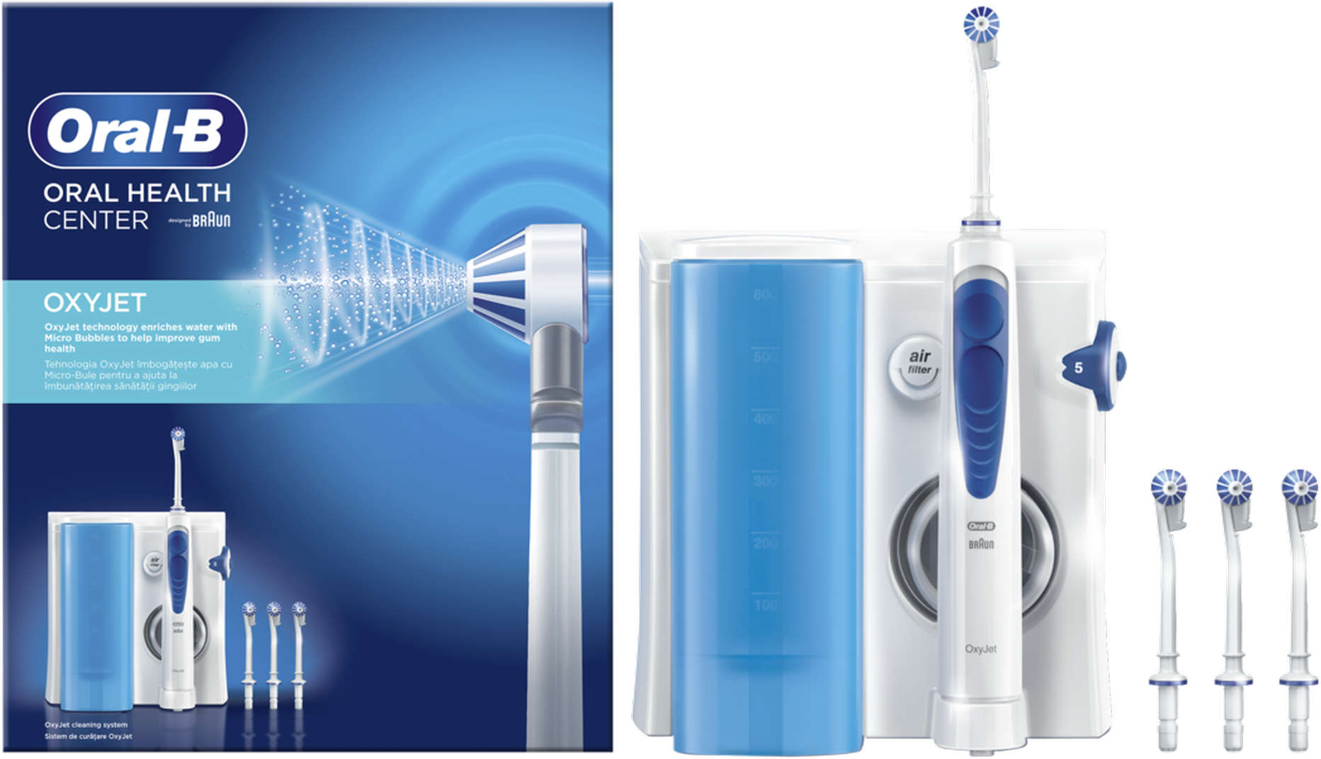 Duș dentar Oral-B - OxyJet MD20, 5 viteze, 600 ml, alb/albastru