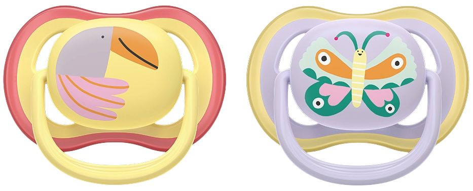 Suzete Philips Avent - Ultra Air, 0-6 luni, cu cutie, 2 buc, fluture violet/pasăre galbenă
