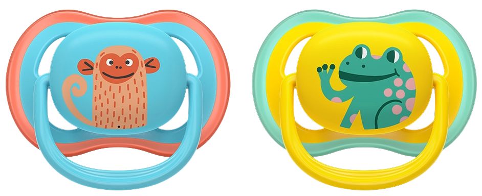 Suzete Philips Avent - Ultra Air, 18+luni, cu cutie, 2 buc, maimuță albastră/broască galbenă