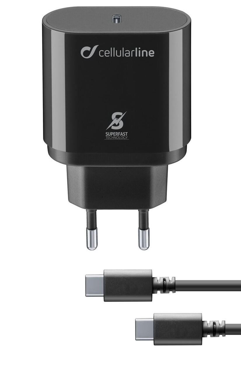 Încărcător  Cellularline - PD, USB-C, cablu USB-C, 25W, negru