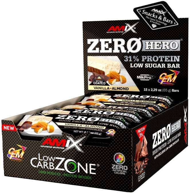 ZeroHero Protein Bar Box, vanilie cu migdale, 15 buc, Amix