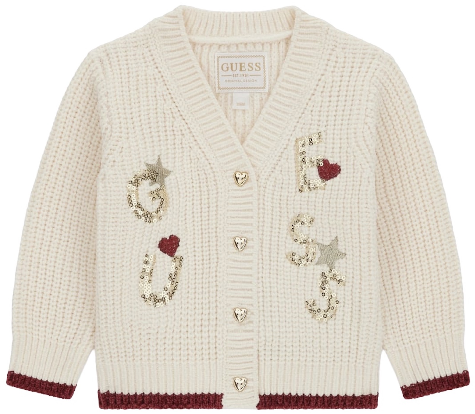 Cardigan cu mânecă lungă Guess - Cu nasturi în formă de inimă, alb, 24 luni